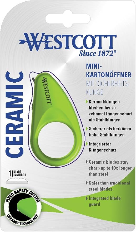 Westcott Mini Ceramic Safety Blade Box Opener in green, featuring a compact design with a ceramic blade. The opener is shown against a neutral background, highlighting its ergonomic shape and safety features for cutting PVC tape.