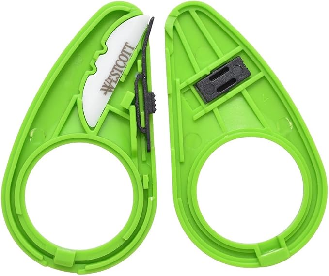 Westcott Mini Ceramic Safety Blade Box Opener in green, featuring a compact design with a ceramic blade. The opener is shown against a neutral background, highlighting its ergonomic shape and safety features for cutting PVC tape.