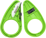 Westcott Mini Ceramic Safety Blade Box Opener in green, featuring a compact design with a ceramic blade. The opener is shown against a neutral background, highlighting its ergonomic shape and safety features for cutting PVC tape.