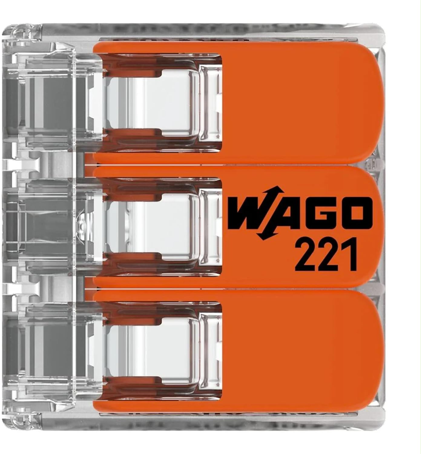 WAGO 221 electrical connector with orange and clear design on a white background