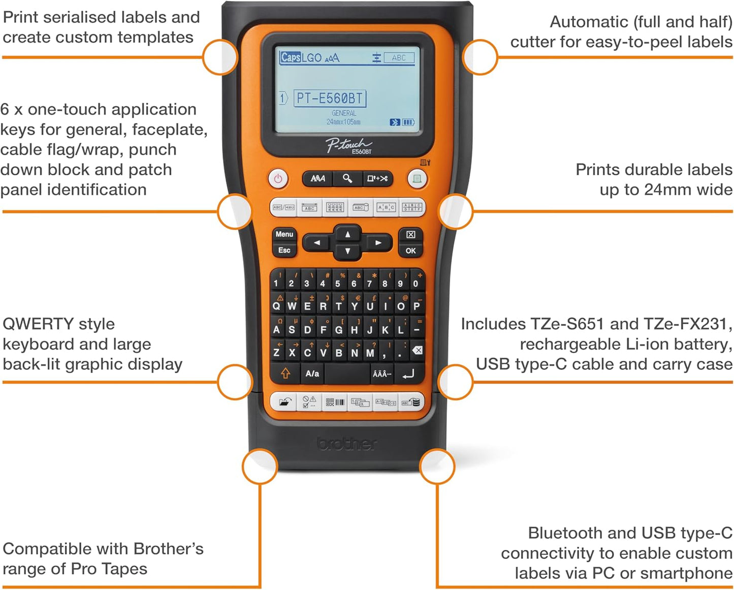 Brother PT-E560BTVP — Industrial Label Printer with Bluetooth & USB-C