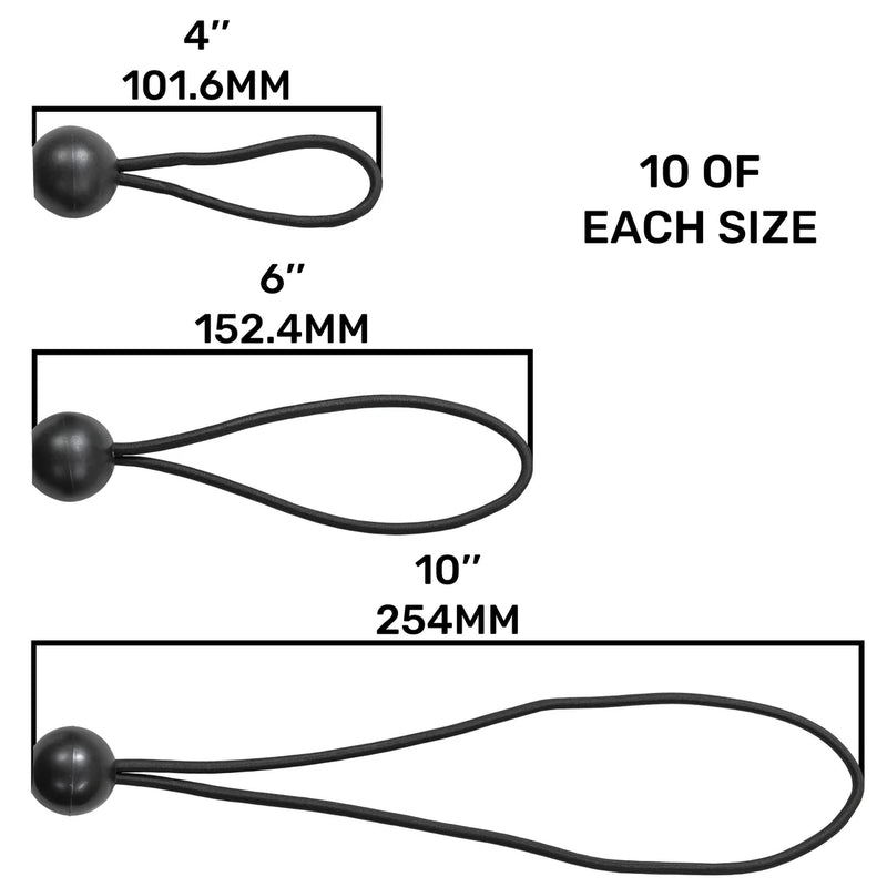 Black Bungee Balls β Mixed Pack (4", 6", 10")