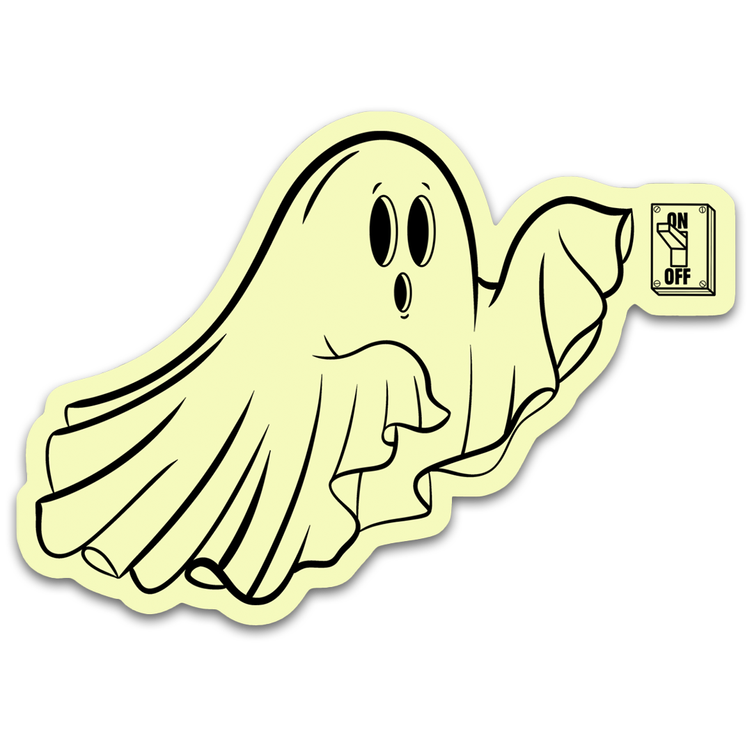 Glowing yellow ghost sticker with switch graphic on a white background