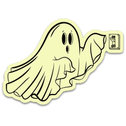 Glowing yellow ghost sticker with switch graphic on a white background