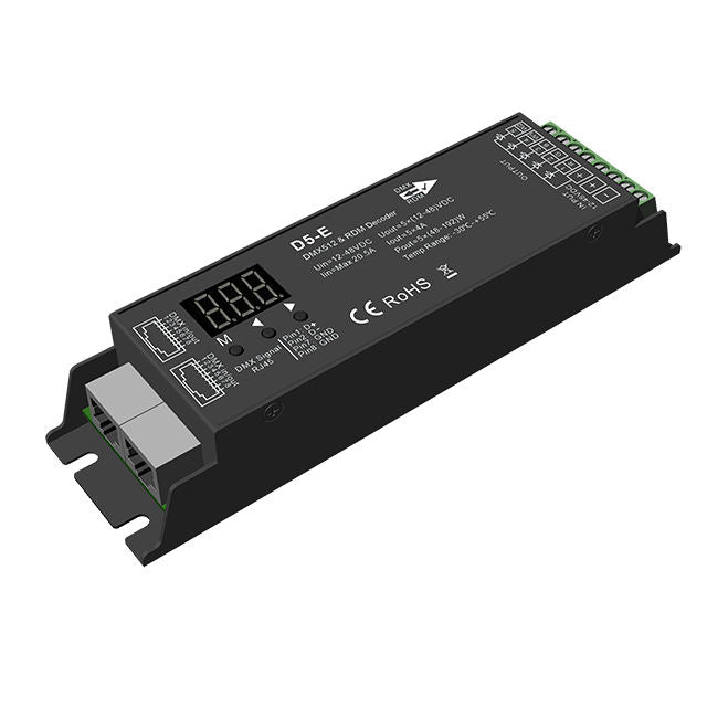 5-Channel DMX/RDM LED Decoder — RGB+CCT, 12–48 V, 5×4 A