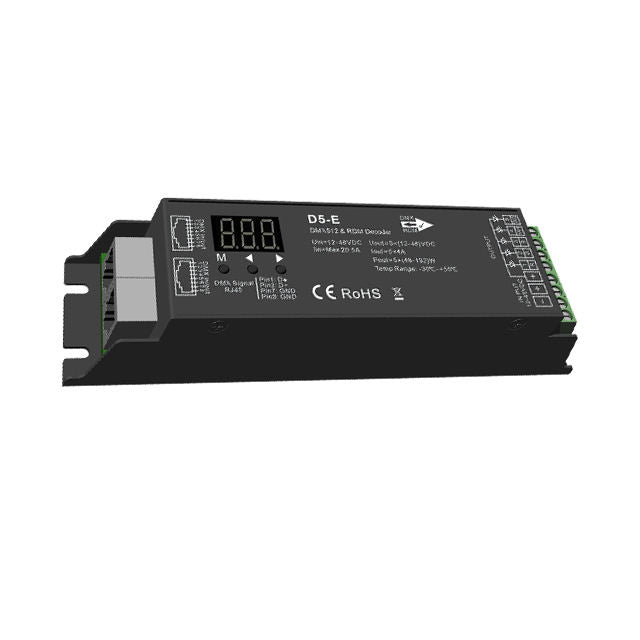 5-Channel DMX/RDM LED Decoder — RGB+CCT, 12–48 V, 5×4 A