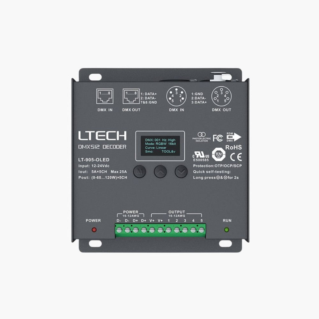 LTECH LT-905-OLED, 5 Channel 5A, 12-24V DC, DMX512 Decoder