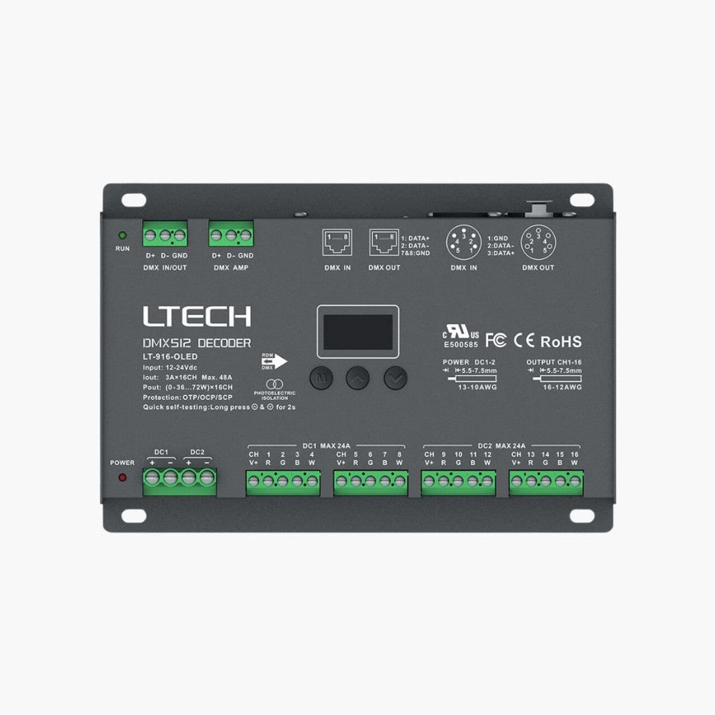 LTECH LT-916-OLED, 16 Channel 3A, 12-24V DC, DMX512 Decoder