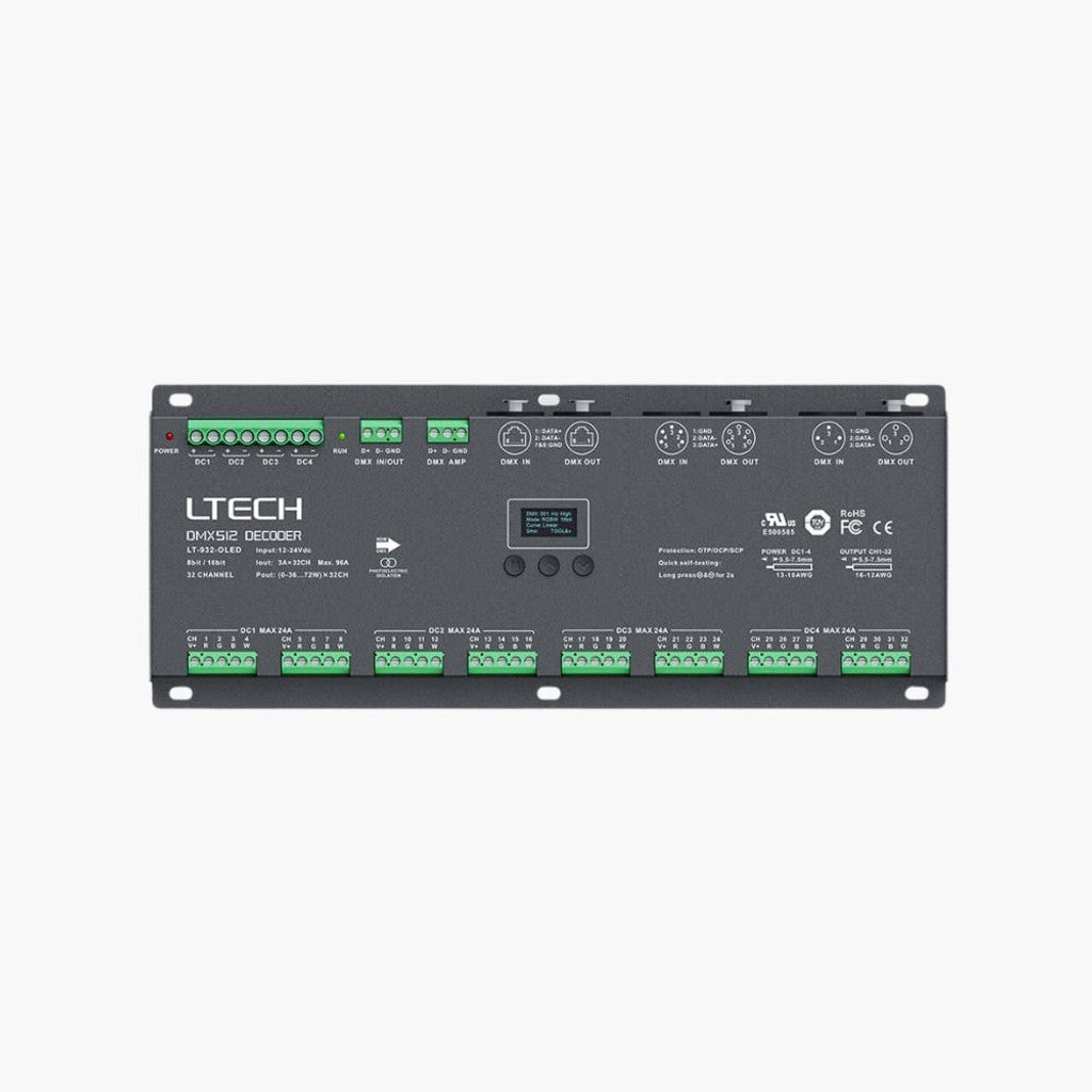 LTECH LT-932-OLED, 32 Channel 3A, 12-24V DC, DMX512 Decoder