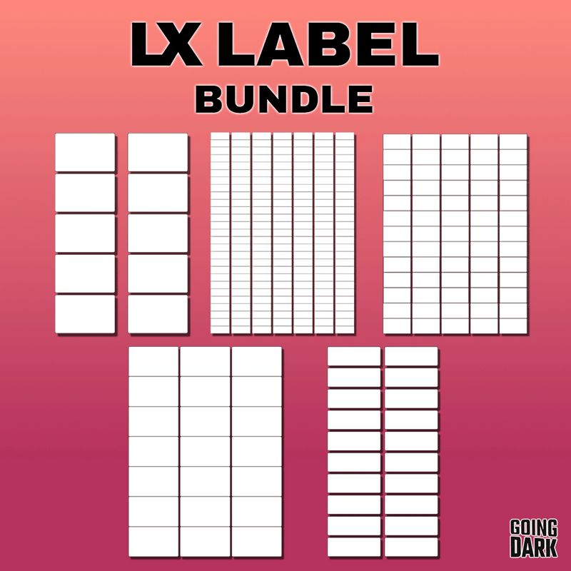 "LX Label Bundle packaging displaying 2500+ writable labels for live event equipment.