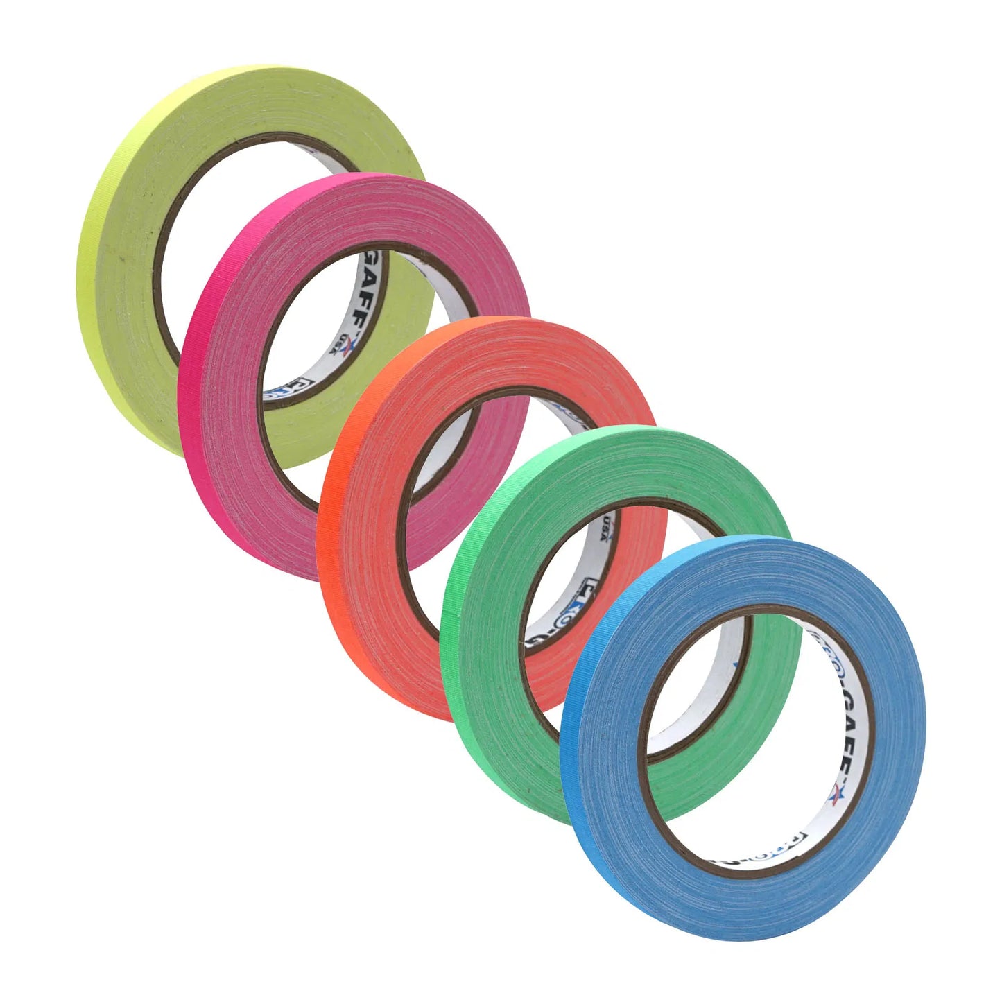 Pro Gaff Fluorescent Self-Adhesive Cloth Tape – 5-Pack (Blue, Green, Orange, Pink, Yellow) – 12mm x 23m Rolls