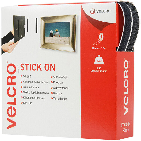 VELCRO® Brand Stick-On Hook & Loop Tape — 20 mm × 10 m, Black