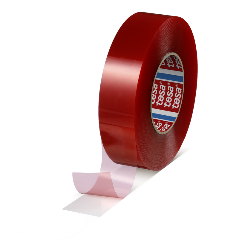 Red tape roll with a visible brand label on a white background