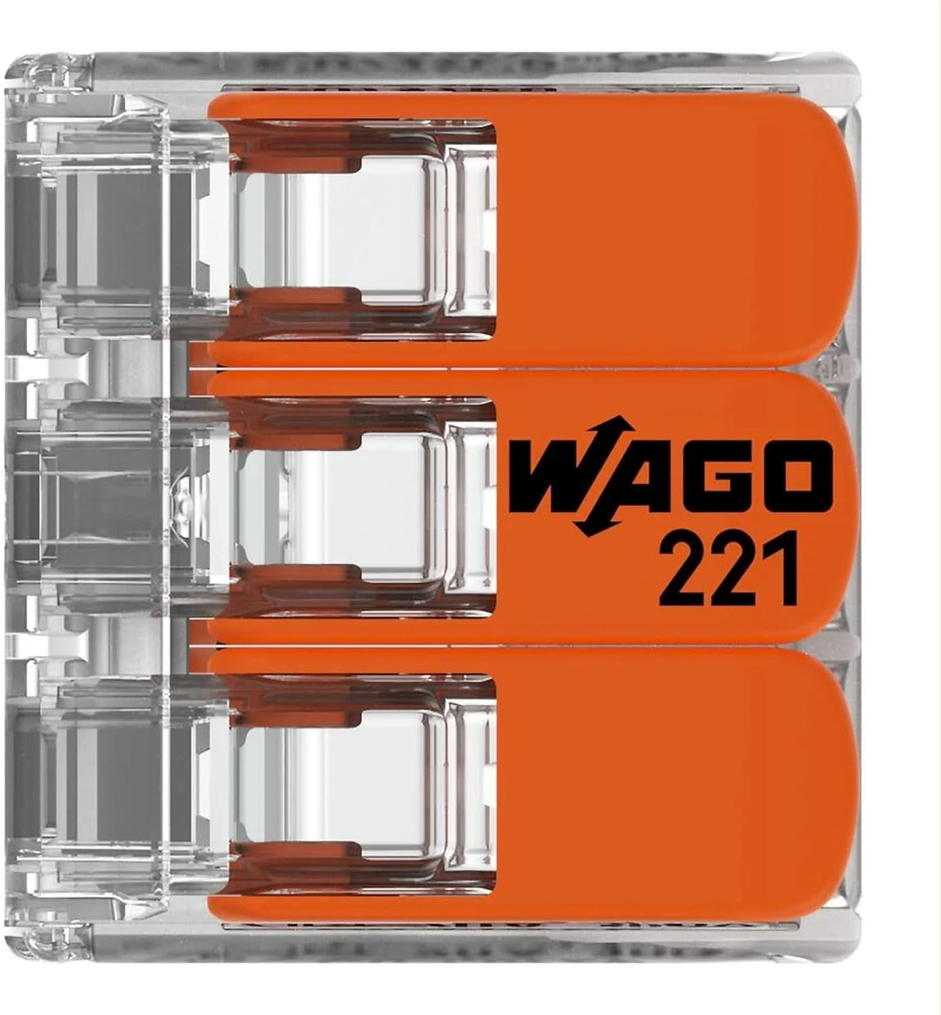 WAGO 221 electrical connector with orange and clear design on a white background