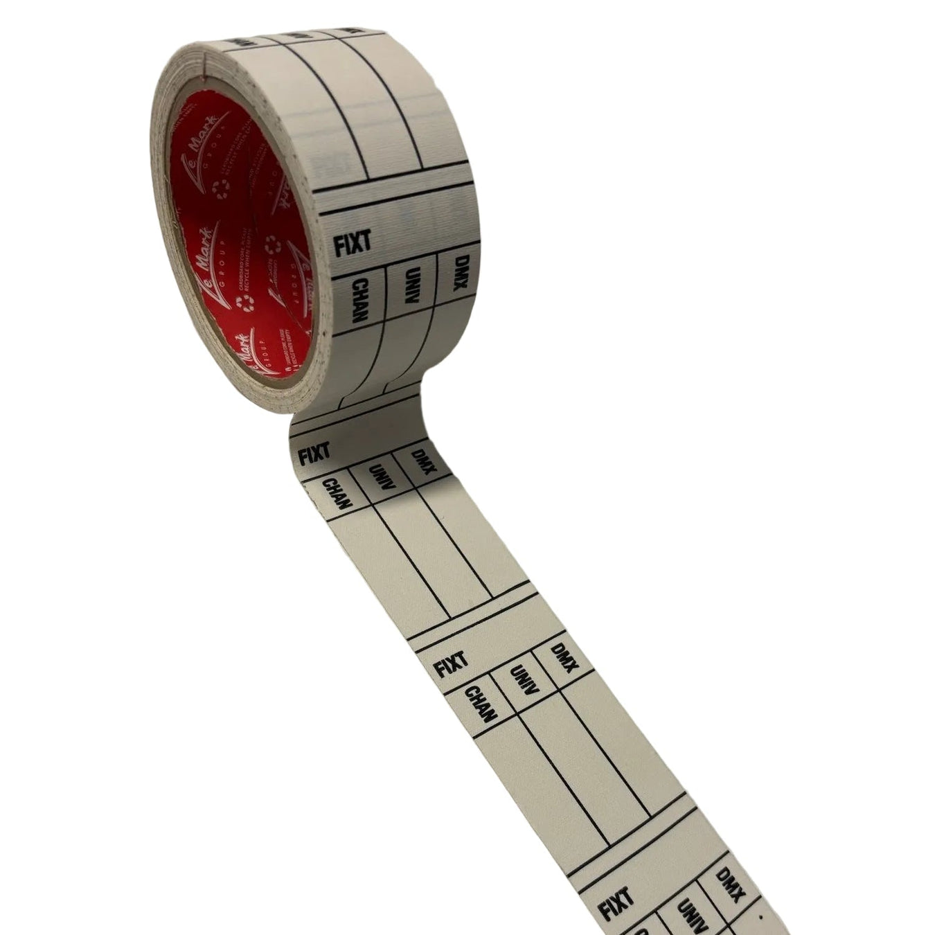 A roll of white tape with black printed grid lines and text, shown partially unrolled on a light gray surface. The inner core of the tape roll is red.