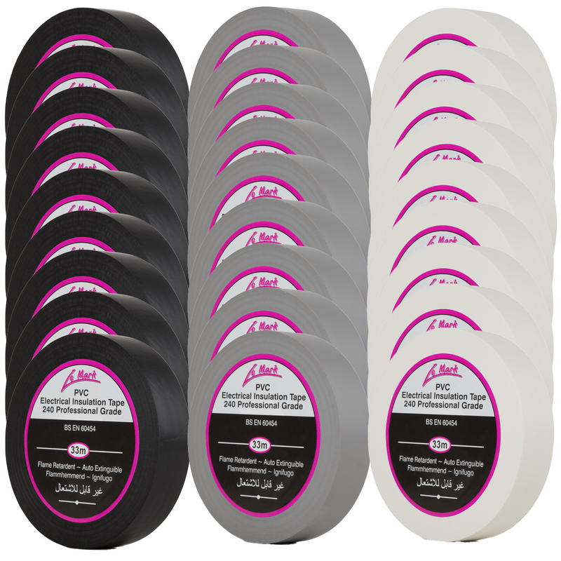Le Mark PVC Electrical Tape Bundle – Black, White & Grey 19mm x 33m