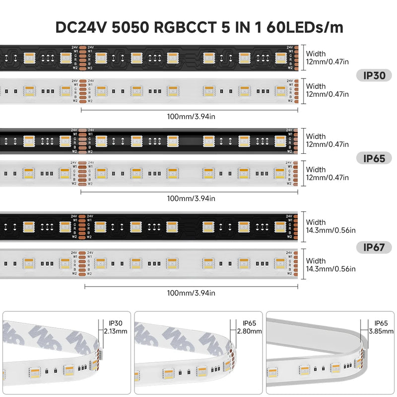 BTF-LIGHTING 5050 RGBCCT 5-in-1 LED Tape – 24V, 60 LEDs/m, 3000K–6500K, IP30, 5m BTF-LIGHTING