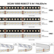 BTF-LIGHTING 5050 RGBCCT 5-in-1 LED Tape – 24V, 96 LEDs/m, 3000K–6500K, IP30, 5m BTF-LIGHTING