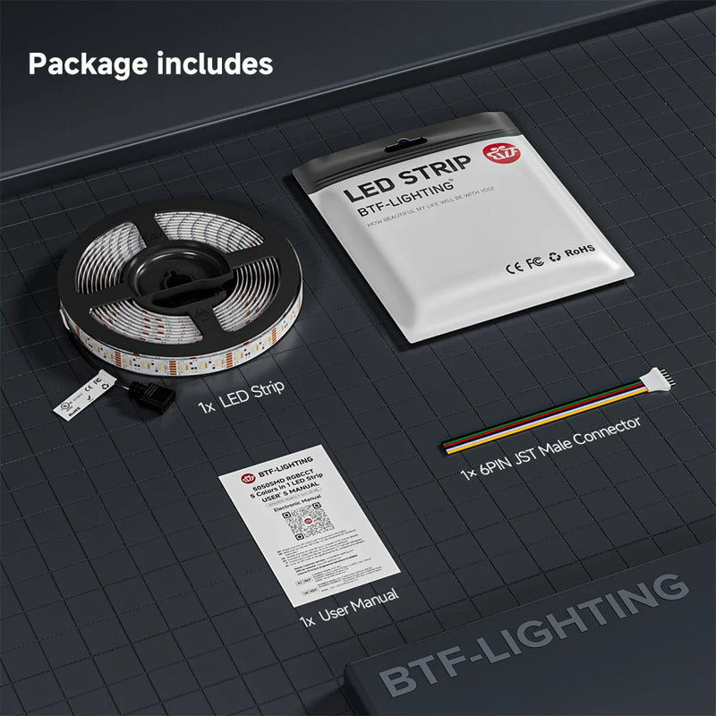 BTF-LIGHTING 5050 RGBCCT 5-in-1 LED Tape – 24V, 60 LEDs/m, 3000K–6500K, IP30, 5m BTF-LIGHTING