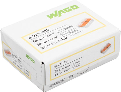WAGO 221-415 — 5-Way Compact Lever Connector, 32 A (Pack of 25)
