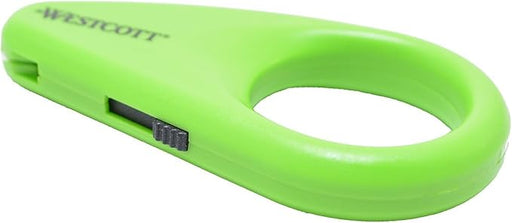 Westcott Mini Ceramic Safety Blade Box Opener in green, featuring a compact design with a ceramic blade. The opener is shown against a neutral background, highlighting its ergonomic shape and safety features for cutting PVC tape.