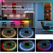 RGB multi-color LED chasing light strip shown in a modern kitchen/living room setting, with text reading 'Multi-color Chasing Effect+Cool-White/Warm White' and five inset close-ups of the strip glowing in different color combinations.