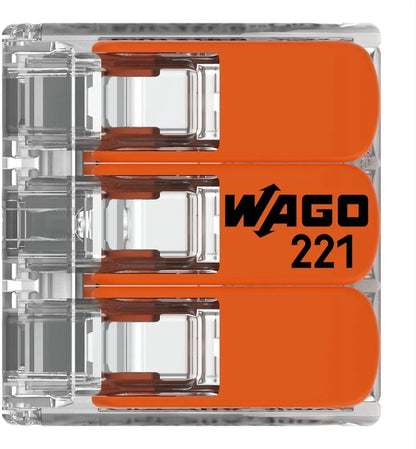 WAGO 221 electrical connector with orange and clear design on a white background