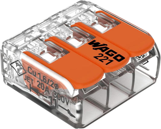 Wago electrical connector with orange and clear design on a white background
