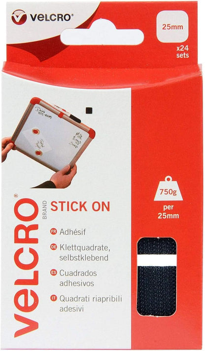 VELCRO® Brand Black Stick-On Squares – 25mm x 25mm (Pack of 24)