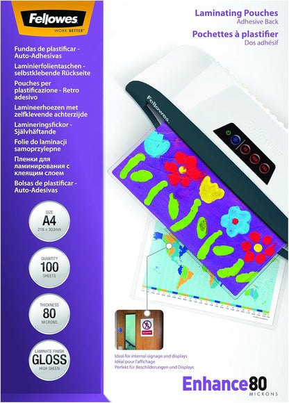 Fellowes A4 Self-Adhesive Laminating Pouches – 160 Micron, Gloss Finish (Pack of 100)
