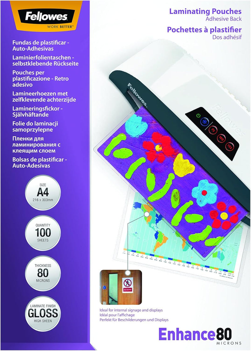 Fellowes A4 Self-Adhesive Laminating Pouches – 160 Micron, Gloss Finish (Pack of 100)