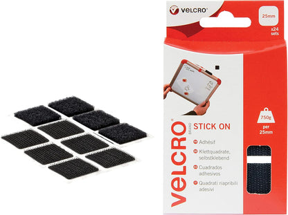 VELCRO® Brand Black Stick-On Squares – 25mm x 25mm (Pack of 24)