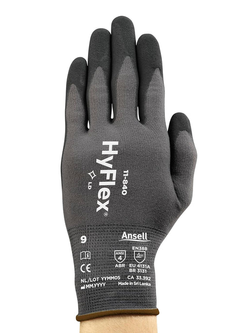 Ansell HyFlex 11-840 nitrile-coated work gloves in black and grey, displayed flat with palms facing up