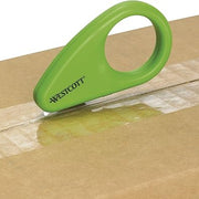 Westcott Mini Ceramic Safety Blade Box Opener in green, featuring a compact design with a ceramic blade. The opener is shown against a neutral background, highlighting its ergonomic shape and safety features for cutting PVC tape.