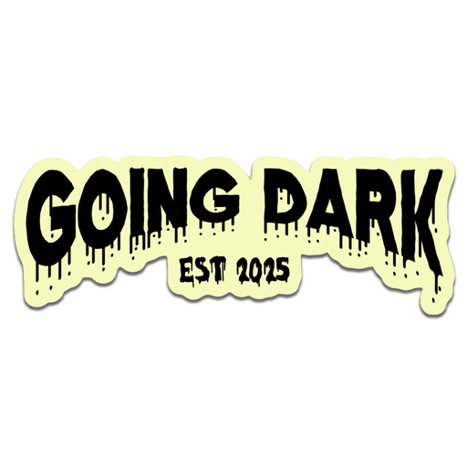 Sticker with 'GOING DARK EST 2025' text on a light yellow background