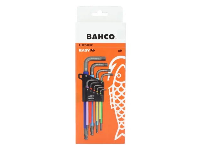 Bahco Metric Long Ball End Coloured Hex L-Key Set – 9 Piece (1.5–10mm)