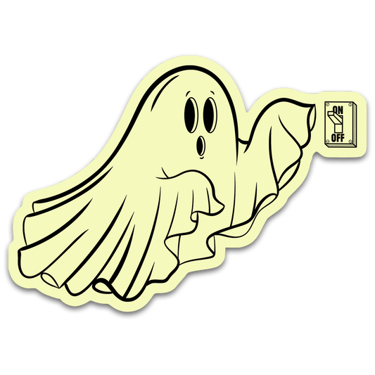 Glowing yellow ghost sticker with switch graphic on a white background