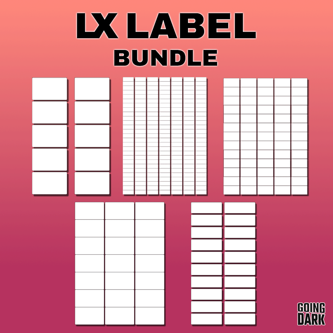  "LX Label Bundle packaging displaying 2500+ writable labels for live event equipment.