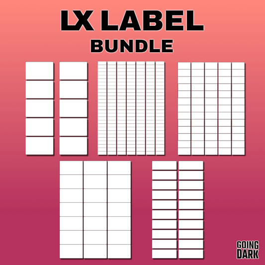  "LX Label Bundle packaging displaying 2500+ writable labels for live event equipment.
