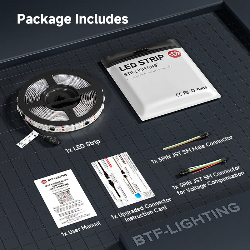 BTF-Lighting LED strip package with components on a grid surface