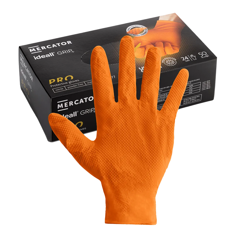 Ideall® Grip Orange Heavy-Duty Nitrile Gloves – Box of 50