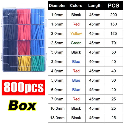 800pcs Heat Shrink Tube Assortment Kit — 12 Sizes &amp; 5 Colours