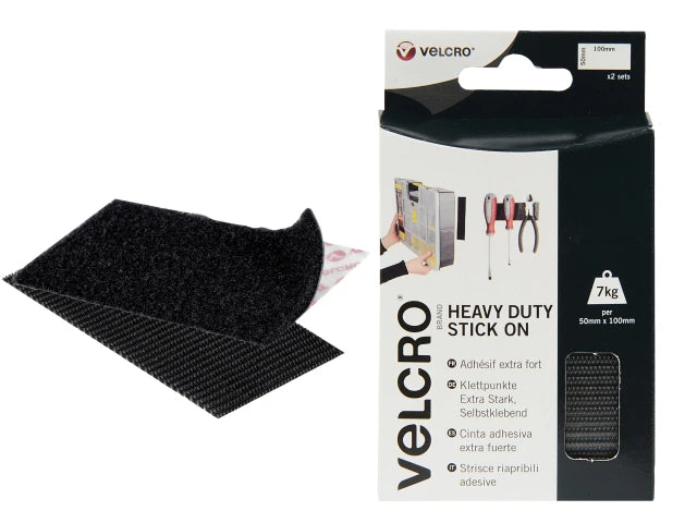 VELCRO® Brand Heavy-Duty Stick-On Strips – 50mm × 100mm (Pack of 2)