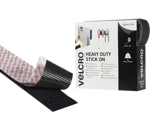VELCRO® Brand Heavy-Duty Stick On Tape – 50 mm × 5 m (Black)