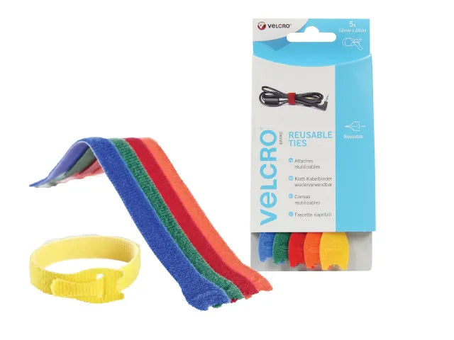 VELCRO® Brand Reusable Cable Ties – 12mm × 200mm Multi-Colour, Pack of 5