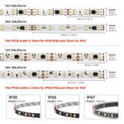 Technical specification diagram showing LED strip lights with dimensions, including 12V-60LEDs/m, 24V-60LEDs/m, 12V-84LEDs/m, and 24V-84LEDs/m versions, along with IP30, IP65, and IP67 height measurements.