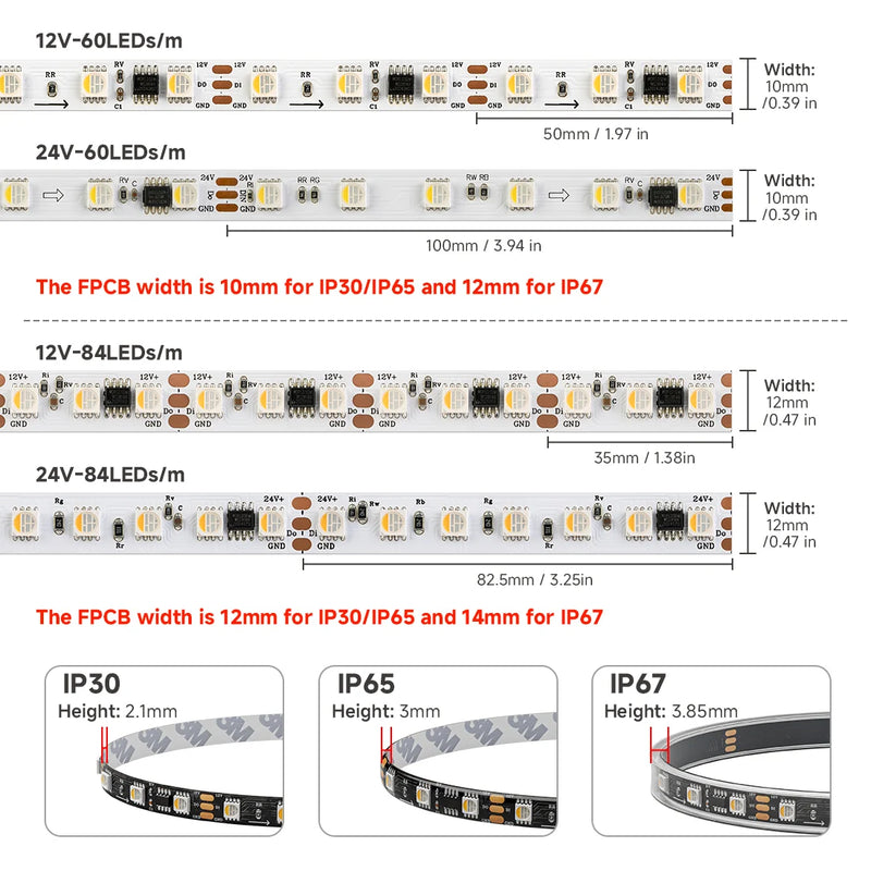 Technical specification diagram showing LED strip lights with dimensions, including 12V-60LEDs/m, 24V-60LEDs/m, 12V-84LEDs/m, and 24V-84LEDs/m versions, along with IP30, IP65, and IP67 height measurements.