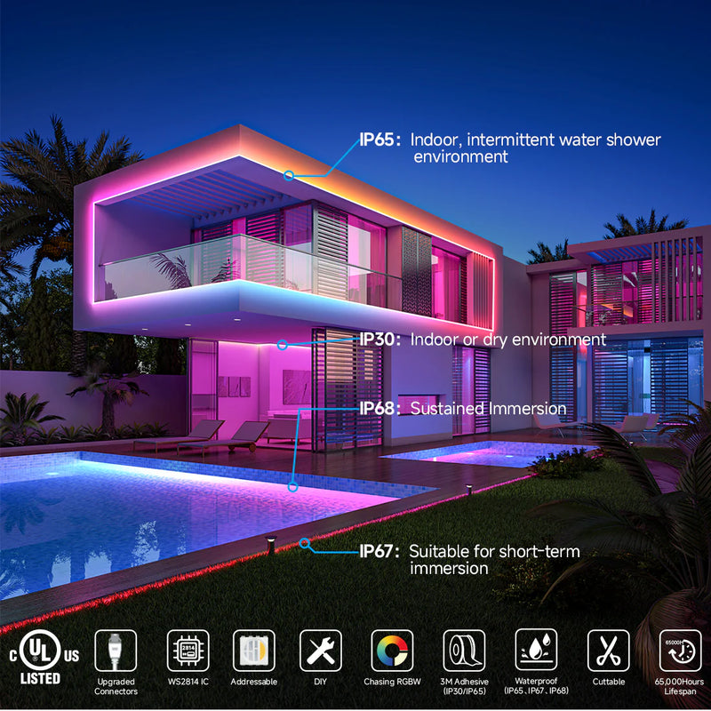 Modern house with colorful lighting effects at night, featuring technical specifications on water resistance.