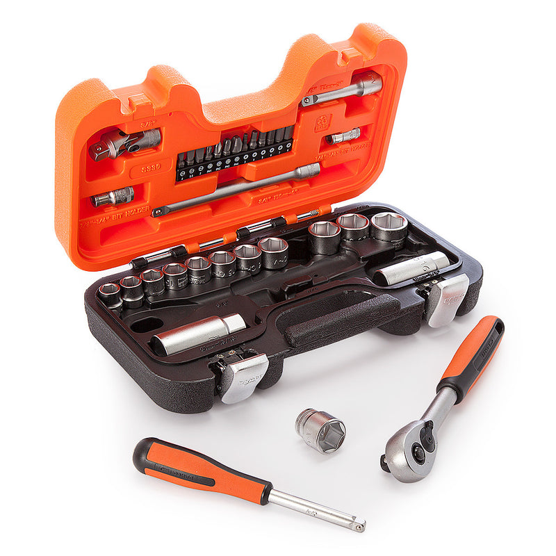 Bahco S330 34-Piece Socket Set – Metric Hex + Ratchet, 1/4″ & 3/8″ Drive