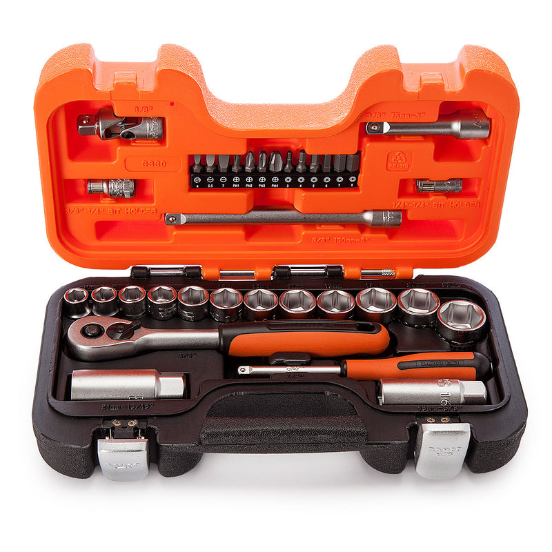 Bahco S330 34-Piece Socket Set – Metric Hex + Ratchet, 1/4″ & 3/8″ Drive